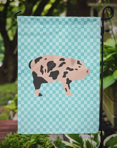 Vista 3 de Caroline's Treasures BB8109GF - Bandera de jardín con diseño de cerdo en miniatura a cuadros azules, bandera decorativa para patio exterior, patio