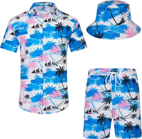 Vista 27 de EISHOPEER Conjunto hawaiano de flores para hombre, camisa de manga corta y pantalones cortos, trajes con sombreros de pescador