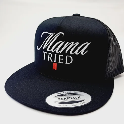 Vista 3 de Mama Tried Trucker Mesh Snapback Flat Bill Sombrero Gorra Negro Bordado, Negro