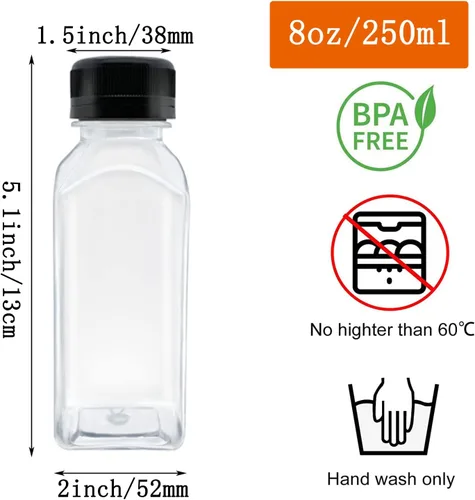 Vista 2 de 3 botellas de plástico de 8 onzas, recipientes reutilizables para bebidas a granel para jugo, leche y otras bebidas, tapa negra