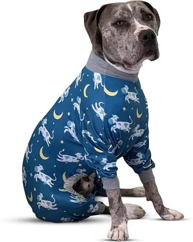 Vista 11 de Tooth & Honey Pit Bull - Pijama para perro con estampado de vaca, luna y estrella, con cobertura completa, pijama ligera para perros grandes