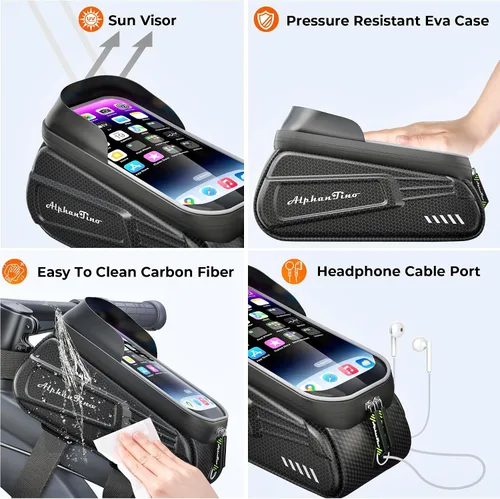 Vista 4 de Bolsa para Soporte de Teléfono para Bicicleta Alphantino - Estuche Rígido Impermeable de Gran Capacidad para Tubo Superior, Marco Frontal