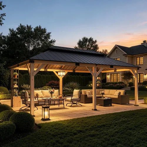 Vista 6 de Gazebo de madera para exteriores de 12 x 20 pies, cenador de techo rígido con doble techo de acero galvanizado, kiosco de patio con patas de madera