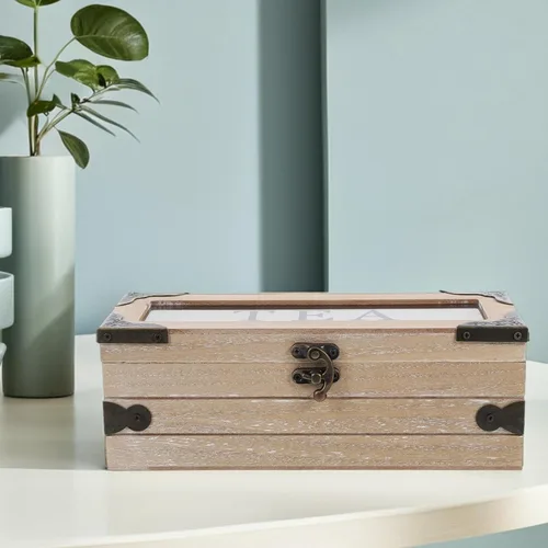 Vista 7 de Wood Tea Bag Storage Chest with Lid, 3 Compartments Organizer Box
