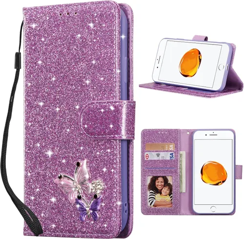 Vista 21 de UEEBAI Funda tipo cartera para iPhone 11, funda de piel sintética con purpurina para teléfono, ranuras para tarjetas, funda con función atril Negro