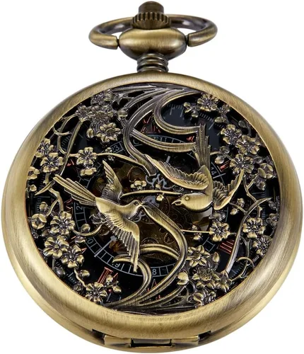 Vista 20 de Bronze Retro Mechanical Pocket Watch Skeleton Roman Numerals Hollow Mechanical Pocket Watches with Box M100