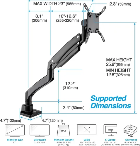 Vista 2 de AVLT Brazo de monitor súper ultra ancho de 17"-57" para pantallas de hasta 59.5 libras, soporte de escritorio de aluminio premium, altura neumática