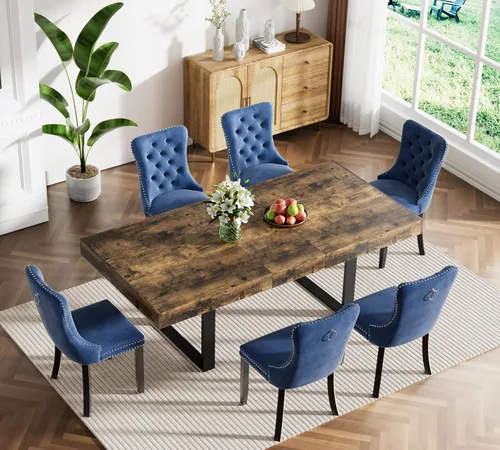 Vista 46 de Juego de mesa de comedor extensible marrón de 63 a 78.74 pulgadas para 4, juego de mesa de comedor de 5 piezas con 4 sillas tapizadas, mesa