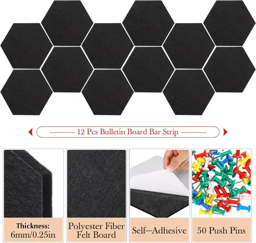 Vista 3 de Ctosree 12 tableros de anuncios de fieltro de 5.9 x 7 pulgadas, tableros de fieltro hexagonal, tira de corcho autoadhesiva con 50 pasadores