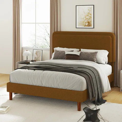Vista 6 de Marco de cama tapizado Boucle de tamaño matrimonial con cabecera ajustable, plataforma de nube, patas de madera maciza, no necesita somier, fácil