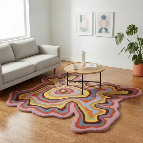 Vista 3 de Alfombra de lana hecha a mano con forma irregular de Restauración y Renovación Alfombra moderna de rayas coloridas de primera calidad perfecta