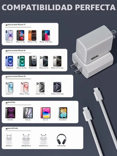 Vista 7 de Adaptador de corriente dinámico Apple de 40W-60W, cargador USB C rápido, paquete de 2 cargadores de iPhone, carga rápida de 6 pies, cables de carga