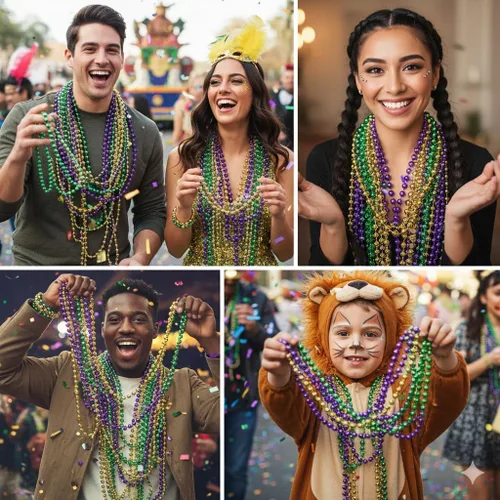 Vista 7 de Oojami 144 cuentas de Mardi Gras a granel, collares metálicos redondos de 33 pulgadas de 0.276 in, regalos de fiesta dorados, verdes y morados
