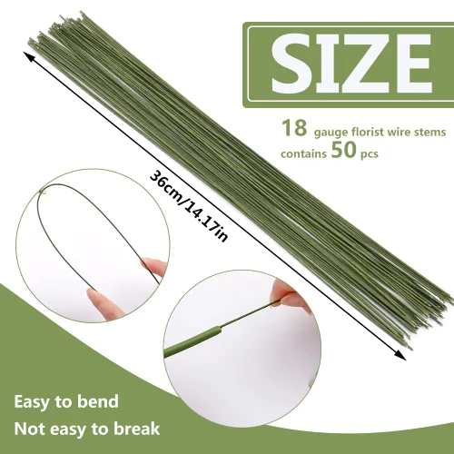 Vista 2 de Paleta Flexible Verde Calibre 18, 50 Piezas de Alambre para Tallo Floral Verde Oscuro, Tallos de Flores, Alambre Envuelto en Papel Floral