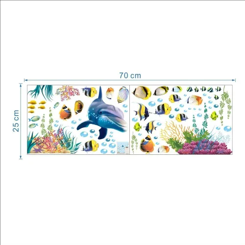 Vista 2 de Calcomanías de pared con temática de océano, diseño de peces lindos peces azules, pasto marino, coral, multicolor, para cuarto de niños, habitación