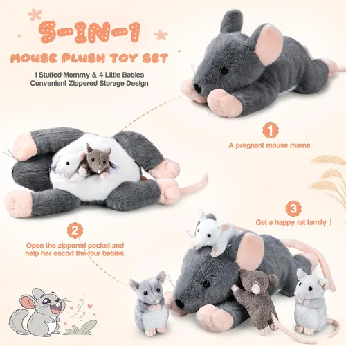 Vista 3 de Arrowbash - 5 piezas de animales de peluche de ratón con bebés, peluche de rata mamá de 14 pulgadas con 4 ratones pequeños en el abdomen