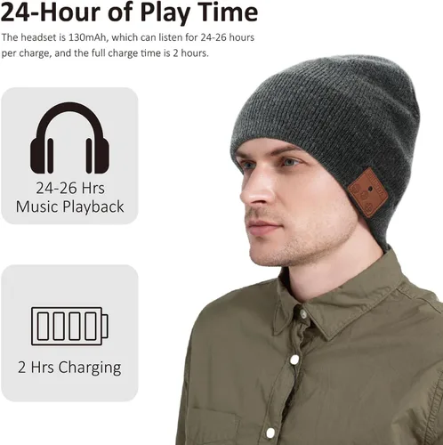 Vista 2 de Merino - Gorro de lana con Bluetooth 5.2, estéreo HD, 30 horas de tiempo de reproducción, micrófono integrado, regalo electrónico de Navidad