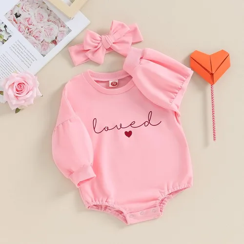 Vista 33 de Traje de bebé niña para el primer día de San Valentín, mameluco de burbujas con cuello redondo, sudadera linda para primavera y otoño