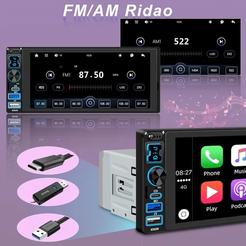 Vista 6 de Radio estéreo para automóvil DIN individual con Apple CarPlay inalámbrico y Android Auto, pantalla táctil IPS de 6.9" 1280x600, Bluetooth 5.2, radio