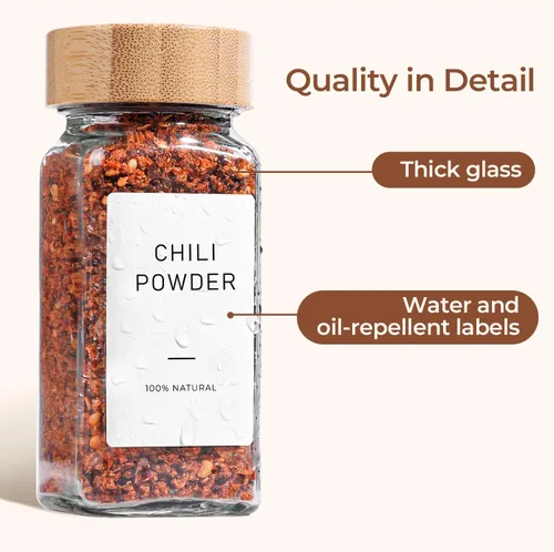 Vista 4 de ComSaf 4 onzas 6 piezas de tarros de especias de vidrio con etiqueta, recipientes de especias vacíos con tapas de bambú, recipientes de condimentos