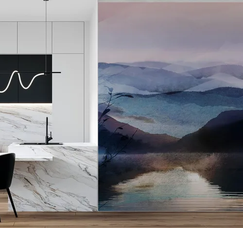 Vista 5 de Papel tapiz de montaña, papel tapiz extraíble. Pintura de acuarela de pared de retiro de vista de montaña. Papel tapiz de guardería, mural despegar