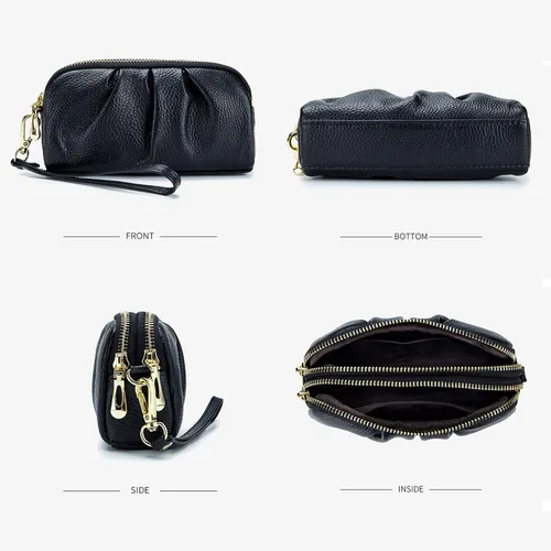 Vista 5 de Billeteras de pulsera para mujer, de piel auténtica, monederos fruncidos para mujer, cartera de mano
