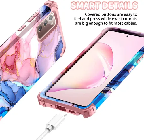 Vista 6 de Funda para Galaxy Note 20, patrón de mármol de tres capas, resistente a prueba de golpes, de plástico duro, protección contra caídas, híbrida