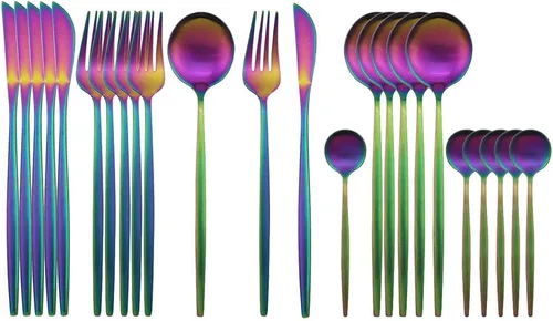 Vista 7 de JASHII Juego de cubiertos de 24 piezas con piezas de servir, utensilios de acero inoxidable, incluye cuchillo, tenedor/cuchara, acabado mate, apto