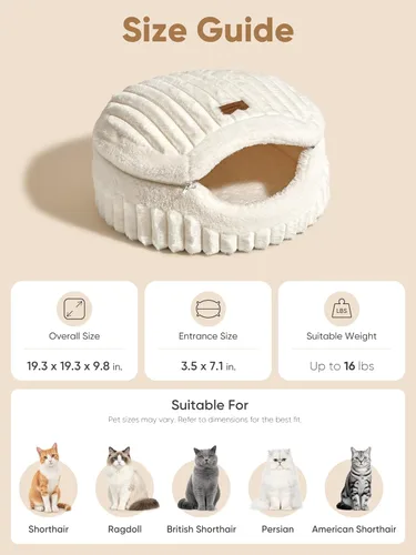Vista 8 de FUKUMARU Cama tipo cueva para gatos, cama cerrada 2 en 1 para gatos de Crema