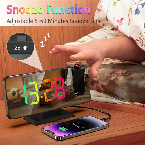 Vista 5 de Reloj despertador de proyección para techo de dormitorio, proyector giratorio de 180°, espejo RGB de 7.4 pulgadas, pantalla digital LED, alarma dual