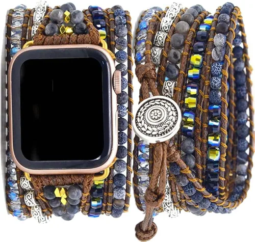 Vista 17 de Correa de reloj de cuerda trenzada con cuentas, estilo bohemio, gira 5 veces, múltiples capas, compatible con reloj Apple Watch de 45 mm, 41 mm, 44