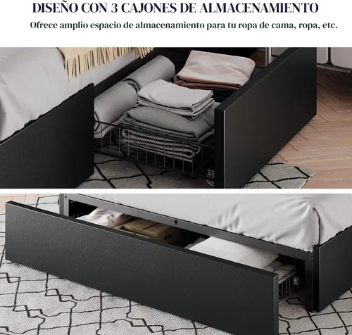 Vista 5 de Marco de cama Allewie tamaño matrimonial con plataforma y 3 cajones de almacenamiento, tapizado en piel sintética, soporte de listones de madera,