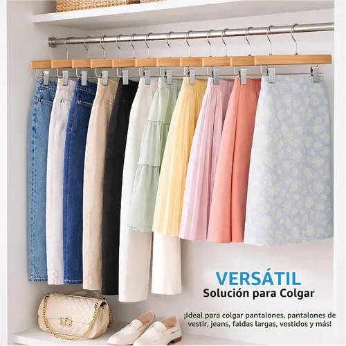 Vista 6 de ZOBER Perchas de madera para pantalones con clips, perchas para ropa Natural - Paquete de 10