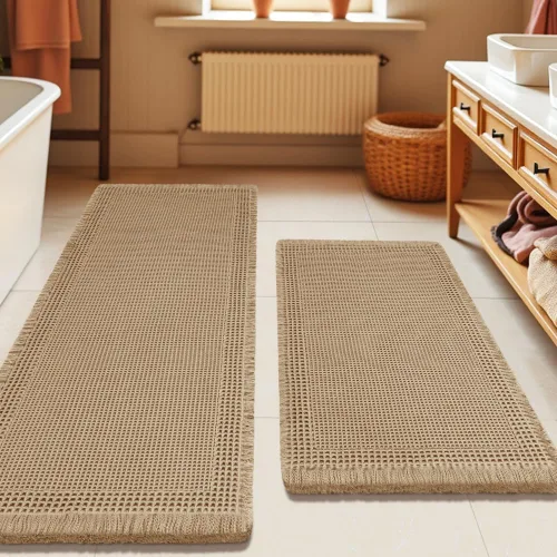 Vista 104 de Tapete de baño con diseño de gofre, moderno, bohemio, absorbente, antideslizante, ultrasuave, lavable a máquina, con letra de baño, dormitorio