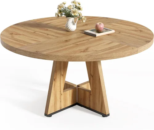 Vista 10 de LITTLE TREE Mesa de comedor redonda para 4-6 personas, mesa de comedor de 47 pulgadas con base de pedestal de madera, mesas de comedor negras, mesas