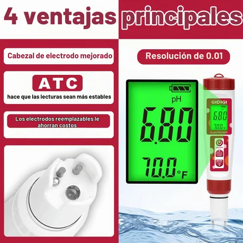 Vista 5 de Medidor de pH para agua, 4 en 1 EC PPM Temp pH probador