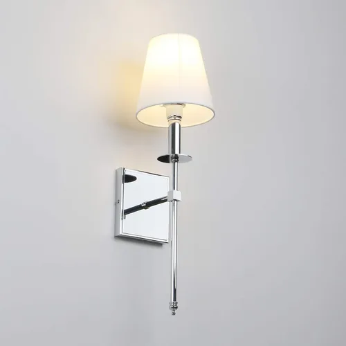 Vista 5 de PERMO Aplique de pared industrial rústico clásico individual con pantalla textil blanca acampanada y soporte de columna cónico cromado