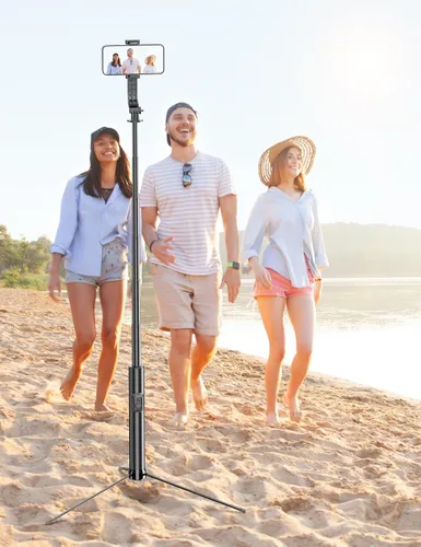 Vista 8 de Trípode de teléfono de 75 pulgadas y palo para selfie, soporte de trípode extensible para teléfono celular con control remoto inalámbrico y soporte