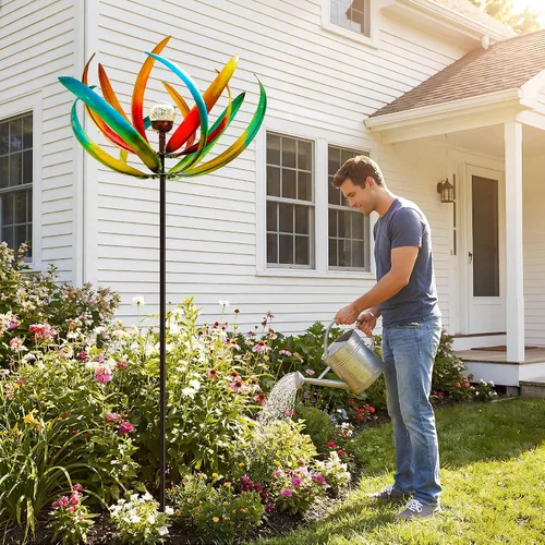 Vista 2 de Molinillo de viento solar grande de 83 pulgadas para exteriores, escultura de flor de tulipán de metal con bola de vidrio LED multicolor, arte