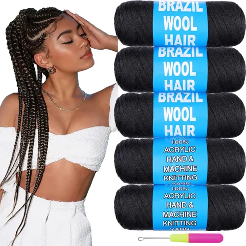 Vista 28 de COOKOO 2 rollos de hilo de lana brasileña color negro natural para cabello trenzado de ganchillo, trenzas, torsión, urdimbres, torsión senegalesa