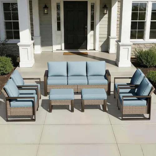 Vista 53 de Joyside - Sofá de mimbre para patio al aire libre, sofá de ratán de 3 plazas con cojines gruesos de olefina y reposabrazos rectangular con marco