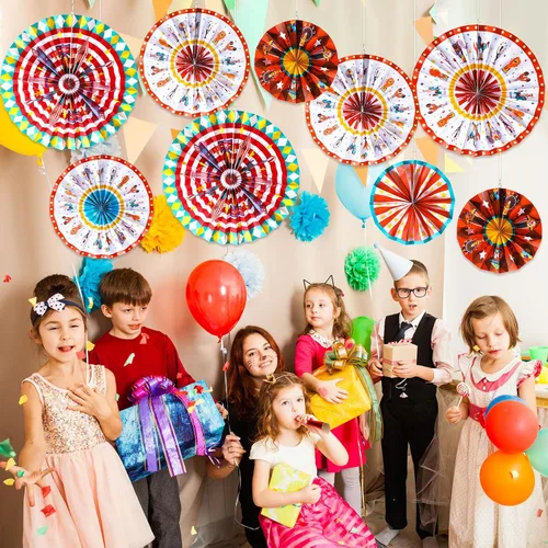 Vista 6 de Outus 9 abanicos de papel colgantes de carnaval, decoración de animales de circo, abanicos de papel para decoración de aula, carnaval, tema