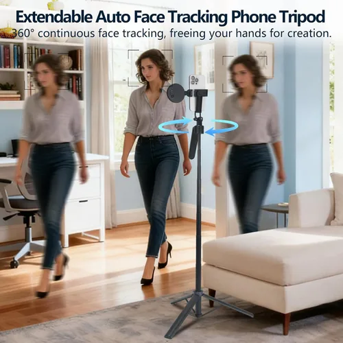 Vista 2 de Soporte de Trípode para Teléfono con Seguimiento Automático de Rostro Extensible, Compatible con Android/iPhone, Palos para Selfies con Rotación