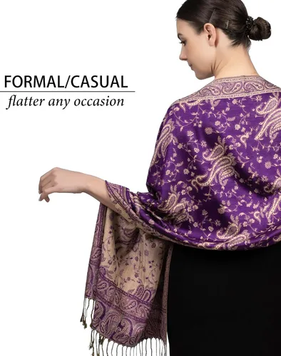 Vista 5 de Achillea Bufanda suave y sedosa reversible con flecos y estampado de cachemira