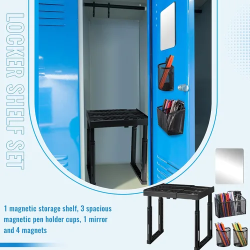 Vista 6 de Wesiti Kit de organizador de 9 piezas y accesorios para casillero, incluye 1 estante, 3 soportes magnéticos para lápices, 1 espejo, 4 imanes