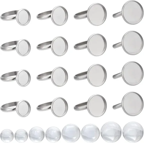 Vista 8 de SUNNYCLUE 1 caja de 62 anillos de dedo de botón, 2 componentes ajustables con 30 ajustes de cabujón de botón a presión, 30 piezas de bandeja