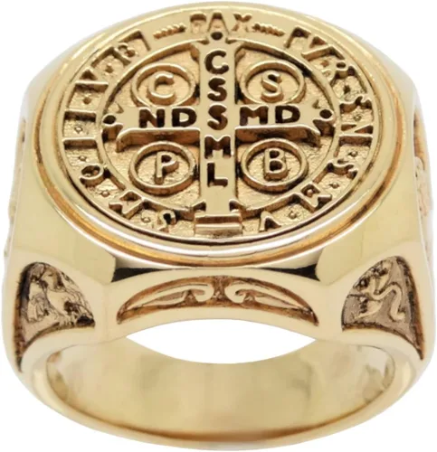 Vista 2 de Anillo de hombre San Benito de Oro Sólido Cristiano Católico