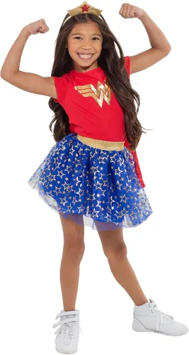 Vista 2 de DC Comics Disfraz de la Mujer Maravilla de la Liga de la Justicia para niñas, camiseta de tul falda con diadema y capa, juego de 4 piezas para niños