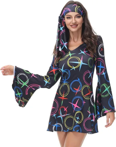 Vista 3 de Disfraz de discoteca para mujer, disfraz de discoteca de los años 70, vestido de Gogo, disfraces hippy para mujer