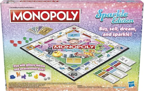 Vista 16 de Hasbro Gaming Monopoly Sparkle Edition Juego de mesa, juegos familiares, con fichas brillantes, dados nacarados, aspecto brillante